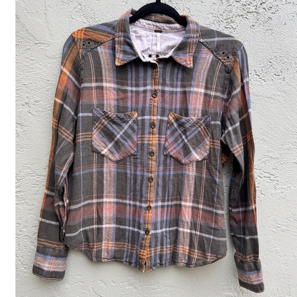 Free People Brown Multicolor Plaid Flannel Button Down Shirt SMALL Layer Rustic
